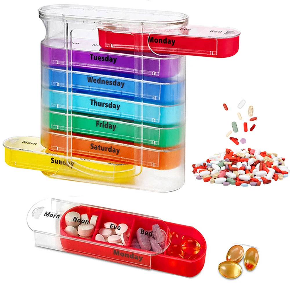 Pill Classify Box 28 Grids 7 Days 4 Times a Day Pills Storage Container Portable Capsules Vitamins Organizer Travel Old Man Chil