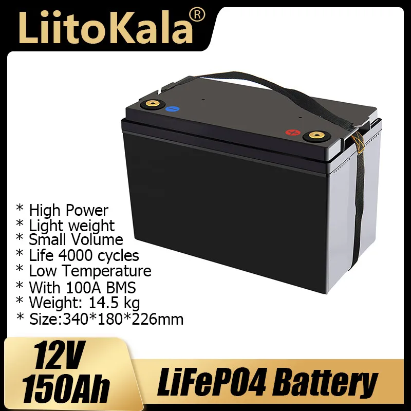 LiitoKala Lifepo4 12.8V 12V 150AH lithium battery 100A BMS for 1200W Boats Solar energy storage golf carts RV inverter 14.6V10A