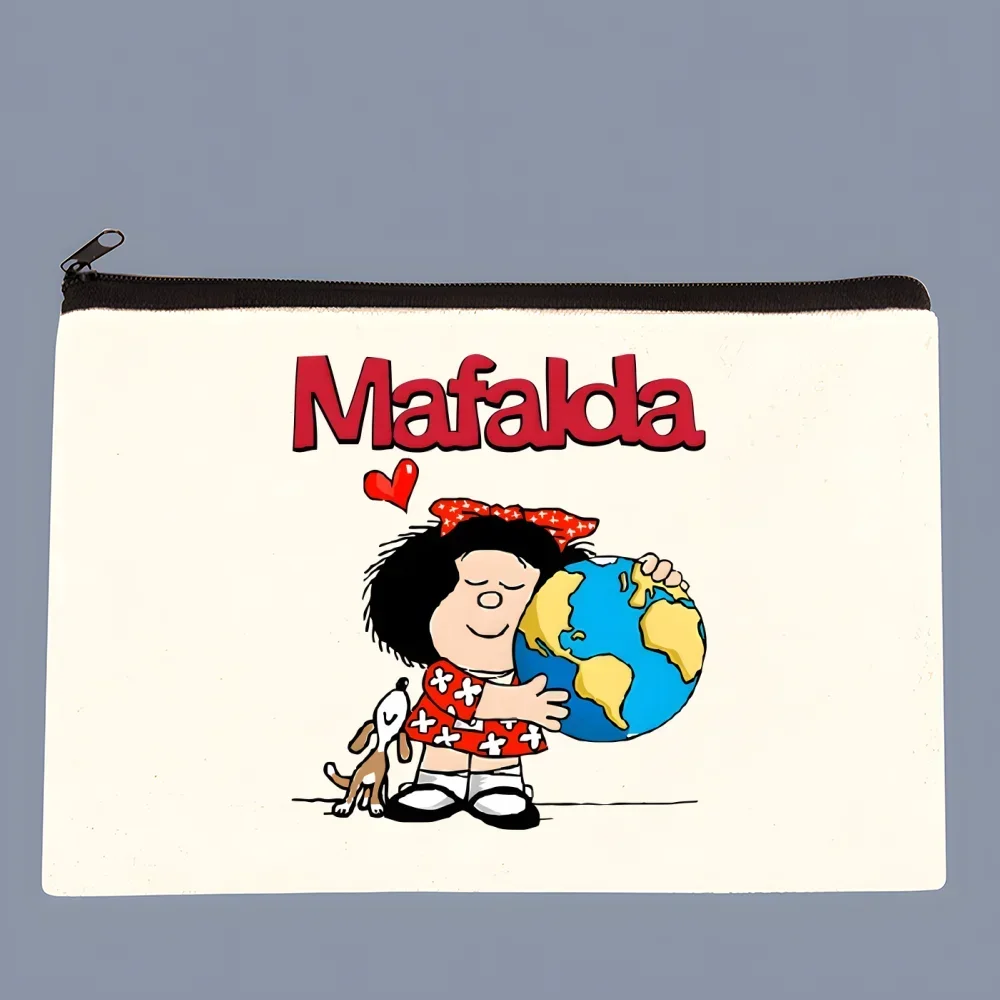 Mafalda-billetera pintada a mano con dibujos de cómic de Anime, bolsa de cosméticos de lona en blanco, organizador, bolsa de almacenamiento de artículos diversos de viaje, lápiz de oficina