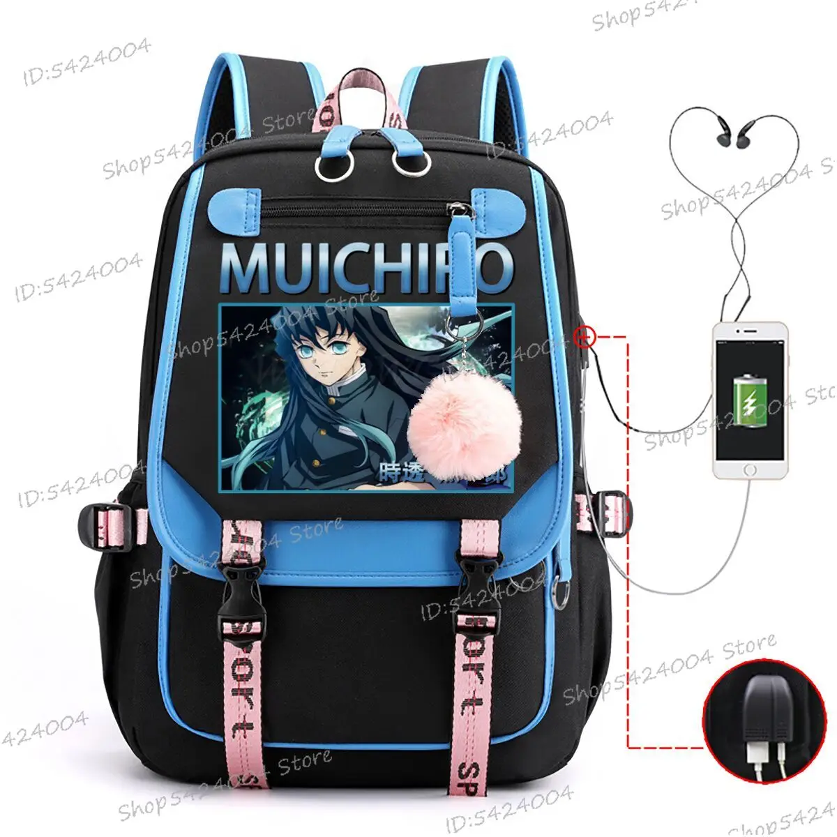 

Hot Anime Tokitou Muichirou Backpack Student Boys Girls School Bag USB Charging Women Men Casual Travel Bagpack Rucksack