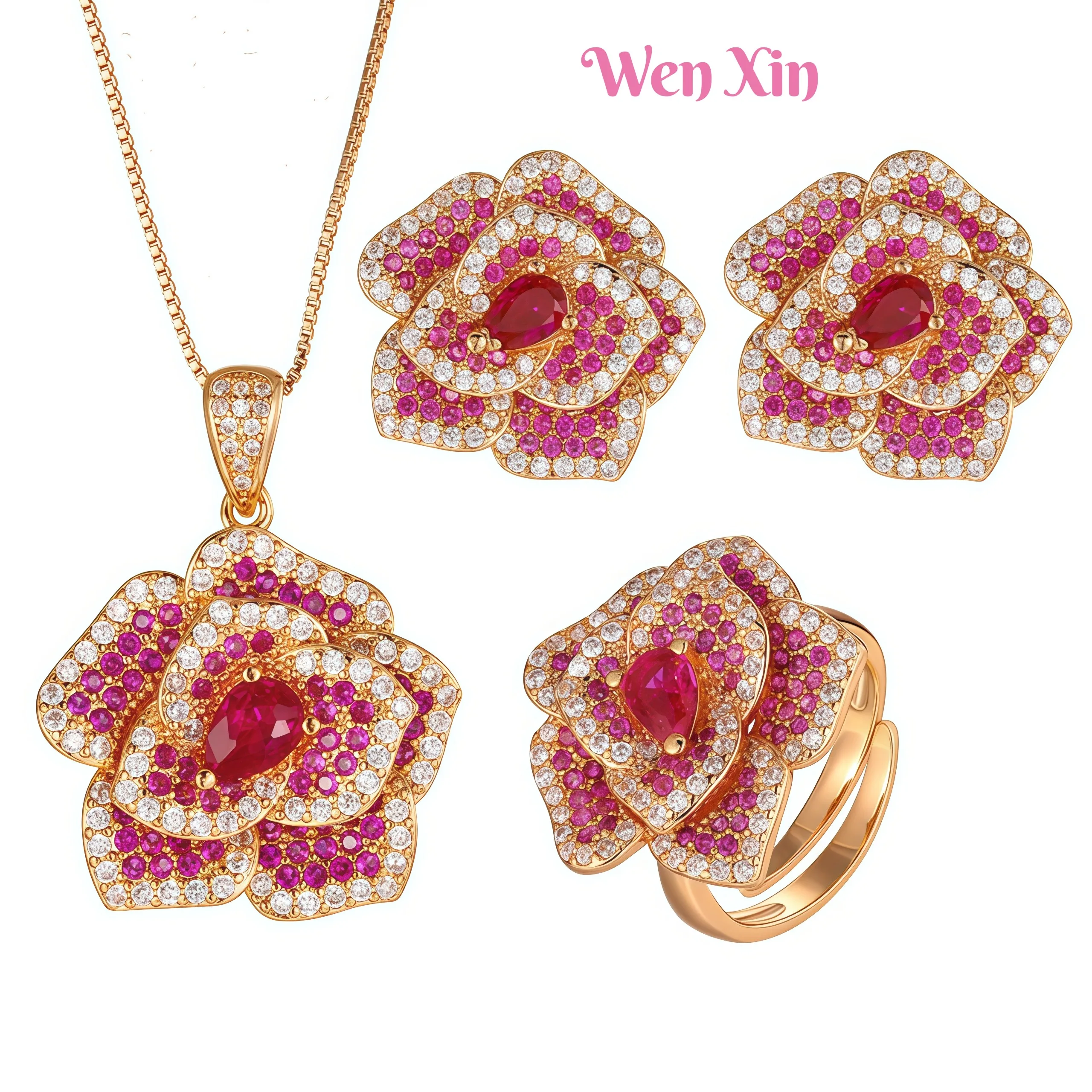 

WENXIN Brand Full Luxury Brand Designer Rose High End Light Luxury Set Women Pendant Necklace Stud Earring Rings Jewelry