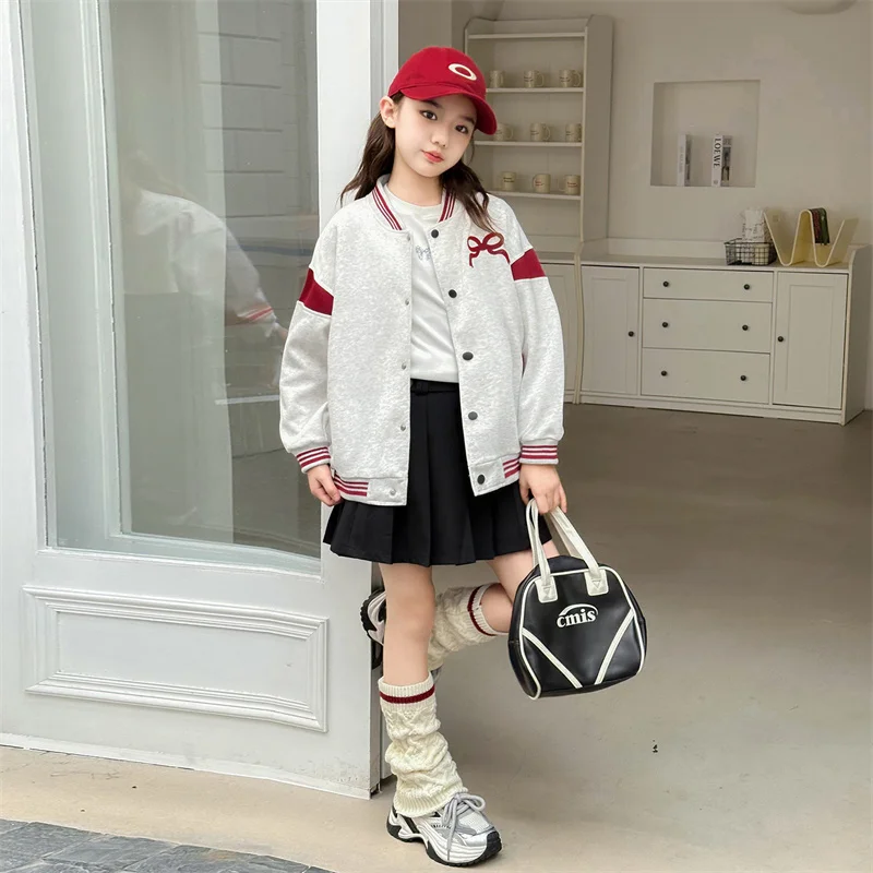 Girls' Baseball Jacket Children's Bow Tie Coat Spring Casual Sports Clothes New Fashion Loose Outerwear Kids Casual Top 5-14Y