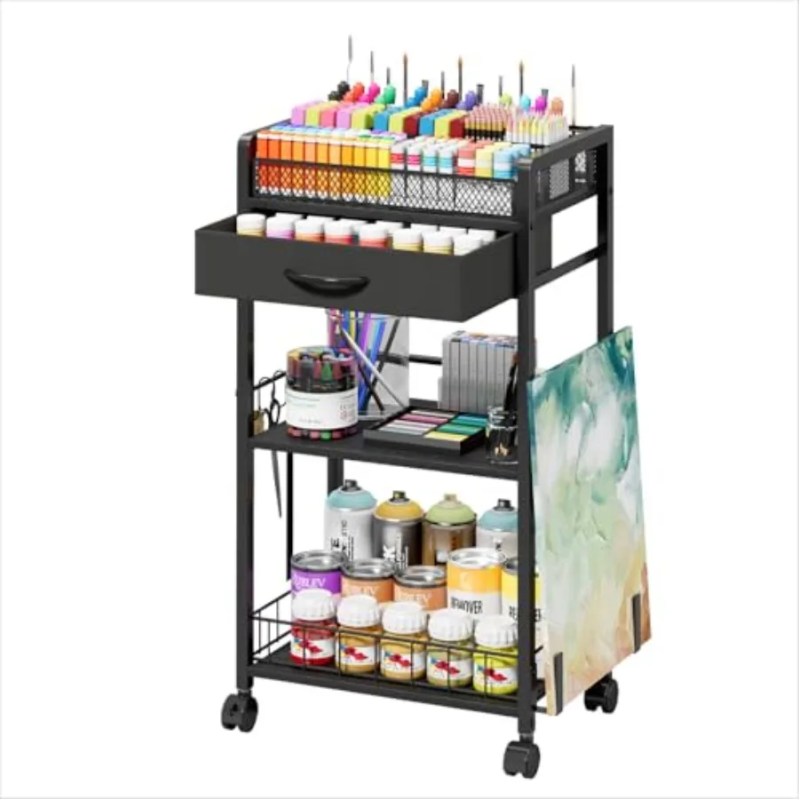

3 Tier Rolling Cart - Metal Utility Cart with Storage Drawer and Wheels, Versatile Art and Craft Organizer for Home, Office, or