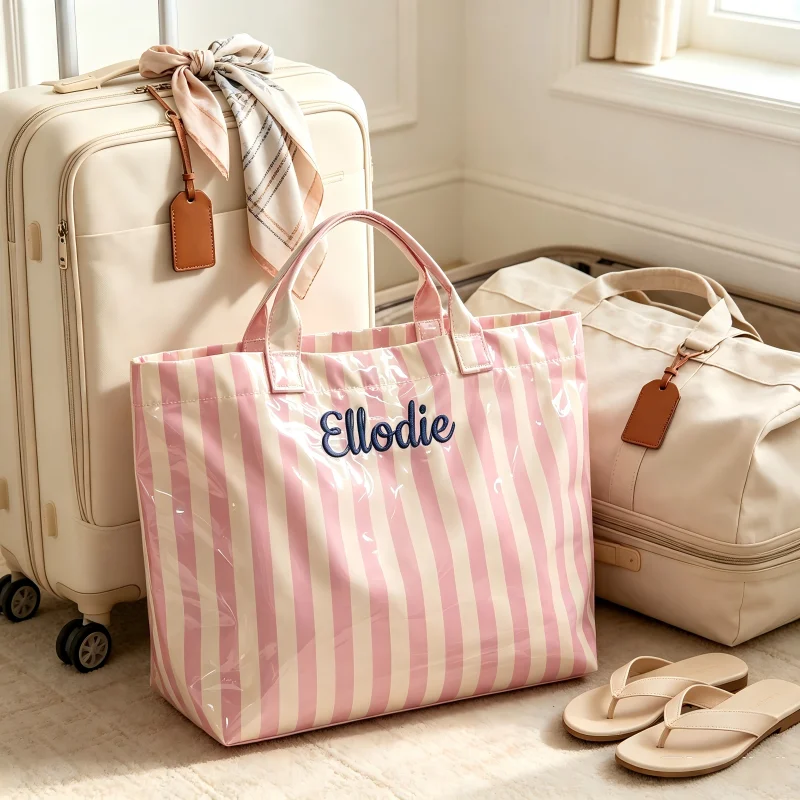 Personalized Embroidered Name Striped Tote Bag Waterproof Large Capacity Travel Shoulder Bag for Work Beach
