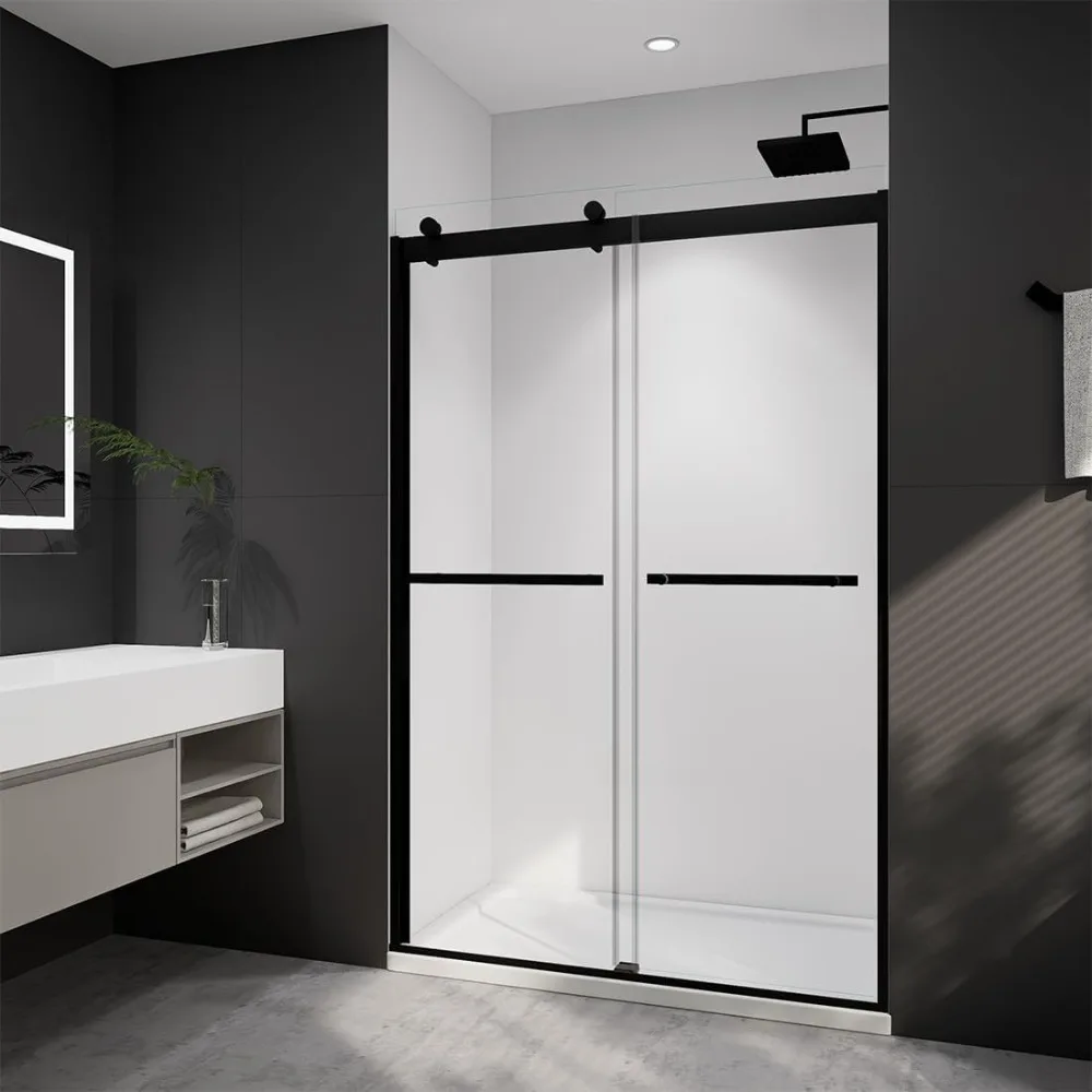 44-48 in.W X74 in.H Shower Doors, 8mm Clear SGCC Tempered Glass, Matte Black Finish, Installed Left and Right, Shower Doors