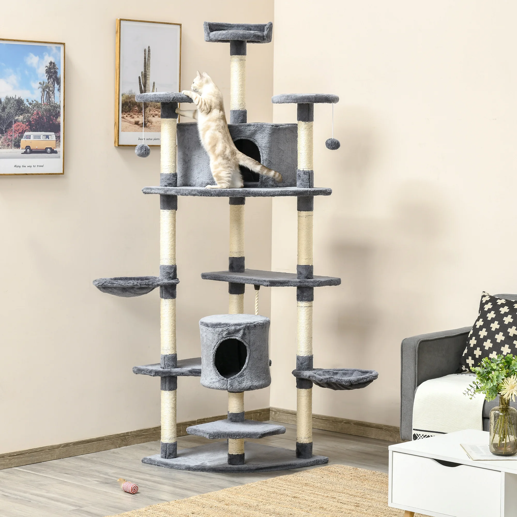 PawHut Árbol Rascador para Gatos 60x60x200 cm con 2 Cuevas Múltiples Plataformas