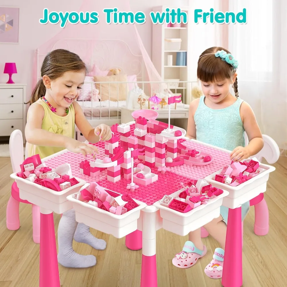 arscniek Toddlers Activity Table 7 in 1 Kids Activity Table and Chairs Set with 152Pcs Large Marble Run Building Blocks