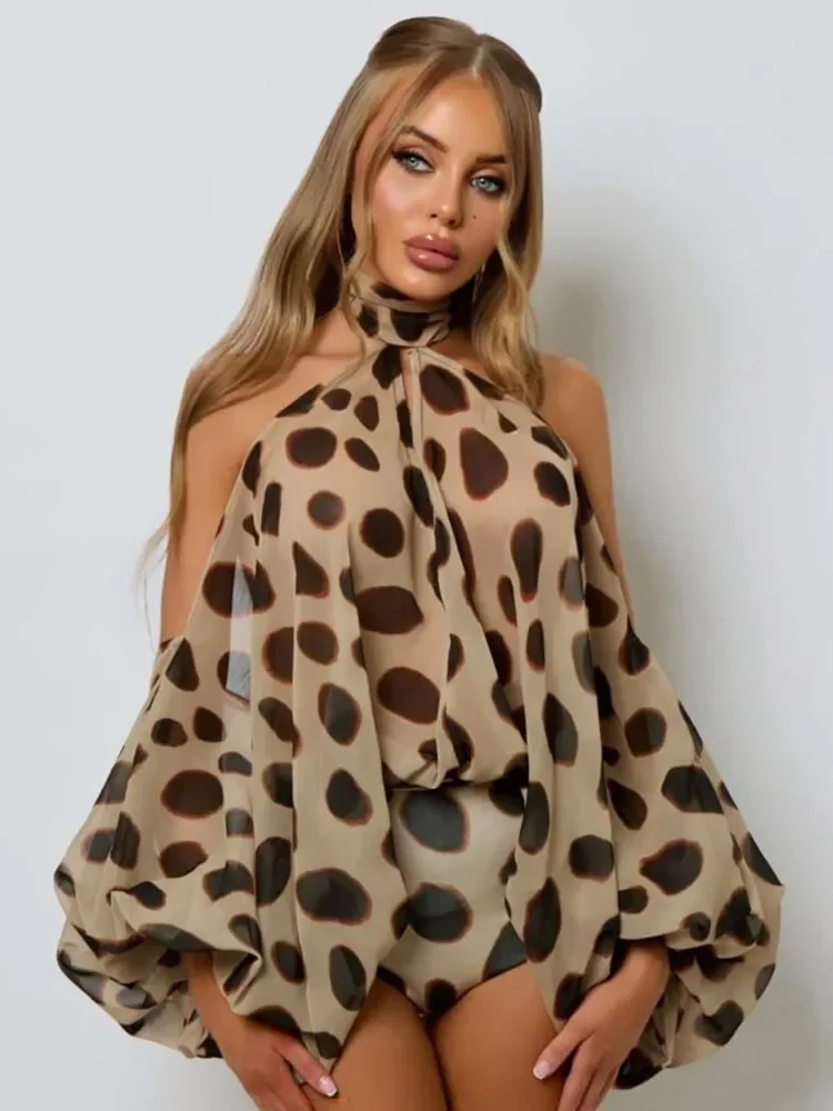 Women Halter Off Shoulder Sexy Bodysuit 2 Piece Outfit Leopard Print Sheer Blouse Shorts Set Clubwear Matching Sets