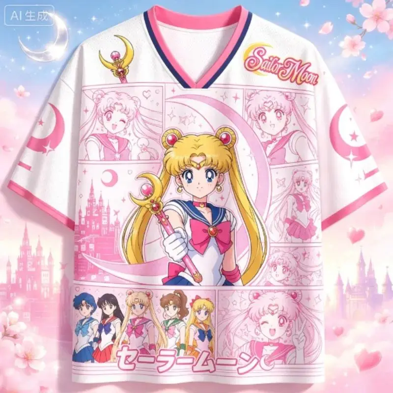 2026 New Sailor Moon Print Mesh Top Men Woman Y2K Oversized Breathable Street Athletic T-shirt Kids Sports Quick Drying Shirt