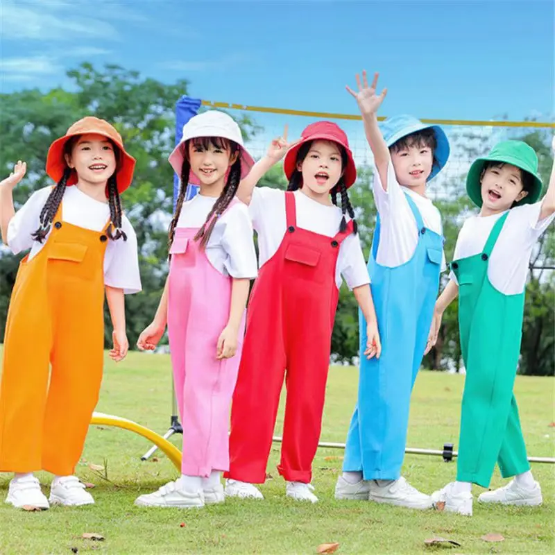 Hip Hop Loose Colorful Overalls for Boys Girls Patchwork Dungaree Children Candy Color Jumpsuit Street Dance Romper Kids 3-14Y