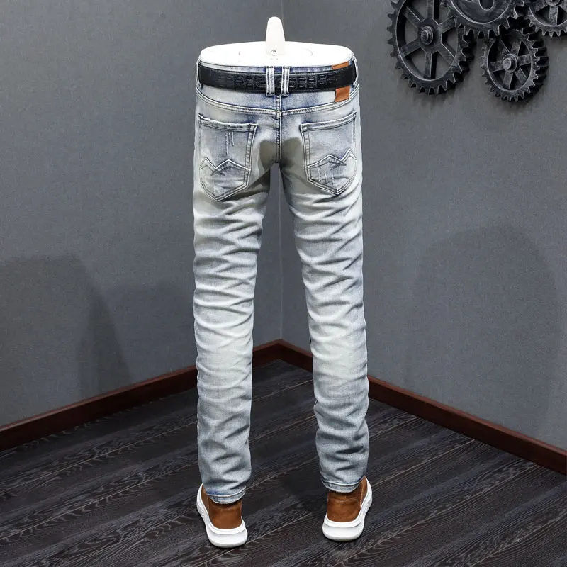 Italian Style Fashion Men Jeans Retro Light Blue Stretch Slim Fit Ripped Jeans Men Embroidery Designer Vintage Denim Pants