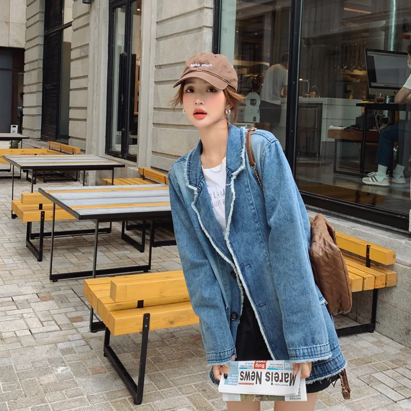 Raw Edge Suit Collar Denim Jacket Blazers Women 2023 Autumn New Single Breasted Streetwear Trendy Loose Coat Outerwear 8313