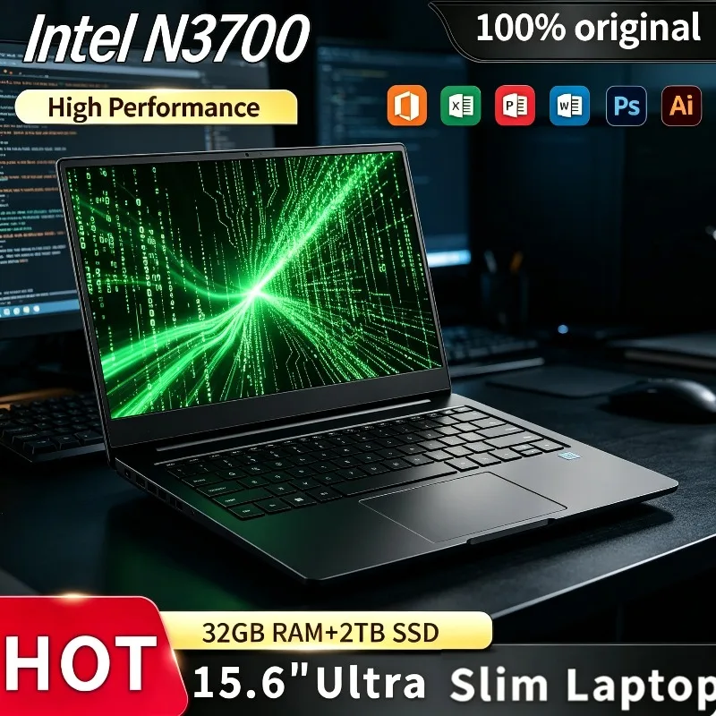 2026 Intel N3700 15.6" Laptop, 1.6-2.4GHz, 16GB DDR4, 2TB NVMe SSD, Original Ultra Slim Gaming Pro High Performance Unit, Light.
