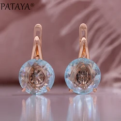 PATAYA Light Blue Round Zirconia Fine Earrings 585 Rose Gold Color Simple Jewelry Women For Earrings Daily Versatile