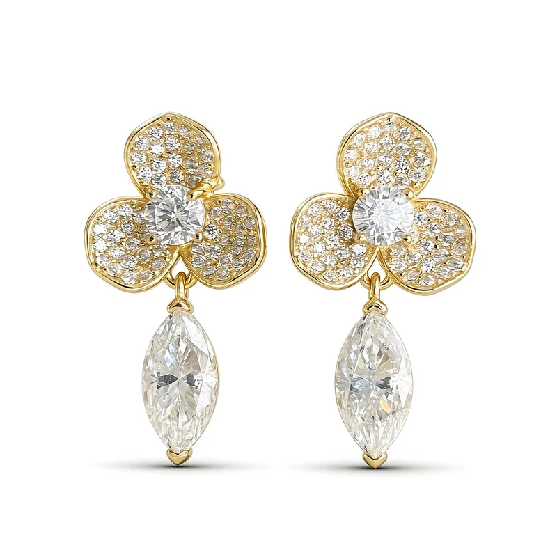 S925 Sterling Silver Plated 18k Gold 5*10mm 1ct marquise cut Moissanite Earrings for women clover earrings with a high-end feel