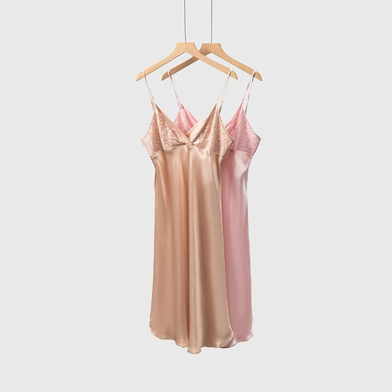 High Quality Silk Slip Nightdress Satin Silky Stitching Lace Sexy Sleeping Dress