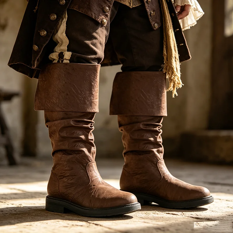 Plus size 34-50 Adult Vintage Fold Over Cuff Mid Calf Boots Slouchy Flat Medieval Party Pirate Cosplay Boots Unisex Gothic Shoes