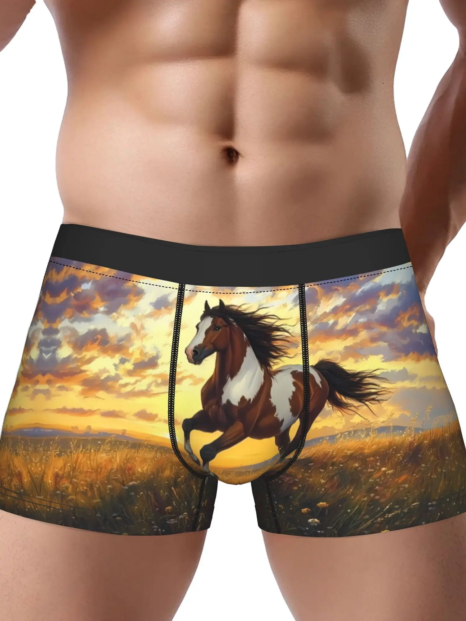 

Дышащее, мягкое, эластичное нижнее белье с принтом Running Horse Sunset Prairie для повседневной носки, удобные боксеры с забавным графическим рисунком для любителей лошадей