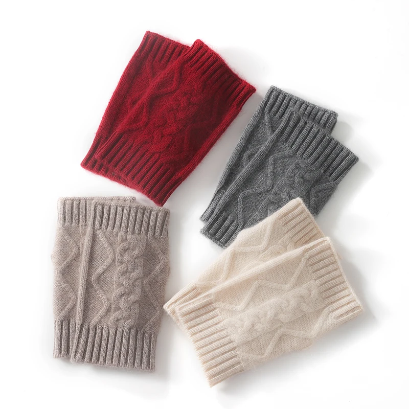 100% Real Cashmere Autumn Winter Thick Cable Gloves Mitten Fingerless Warm Wrist Length Thumb Hole Mitts Classic Female Elegant
