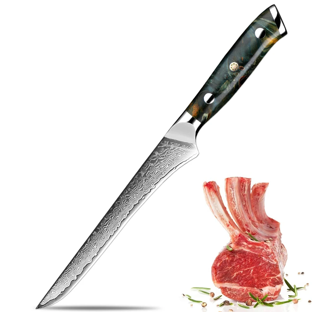 

Damascus Boning Knife Ultra Sharp Fillet Knife for Fish and Meat Full-tang Chef knife Japanese VG-10 Steel Blade Stabilized Wood