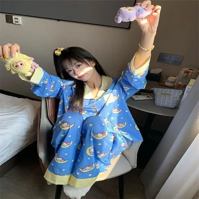 

Sanrio милые стильные пижамы Hello Kitty с принтом, женские весенне-осенние брюки с длинными рукавами, свободная домашняя одежда для отдыха, хит продаж