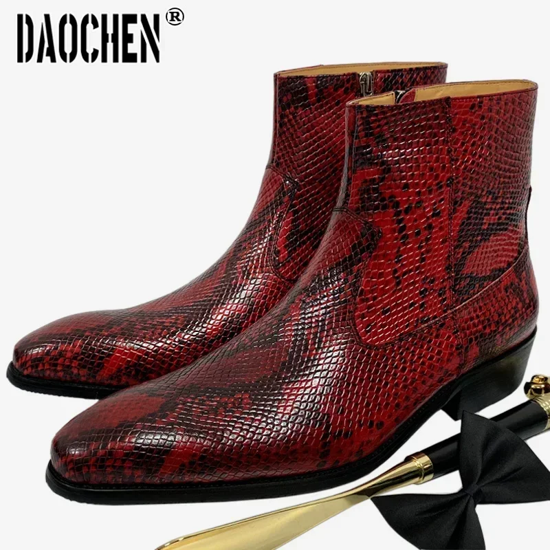 Botas de marca de lujo para hombre, botines de media pantorrilla con cremallera alta, zapatos informales de pitón sin cordones, botas básicas rojas y blancas, zapatos de cuero para hombre