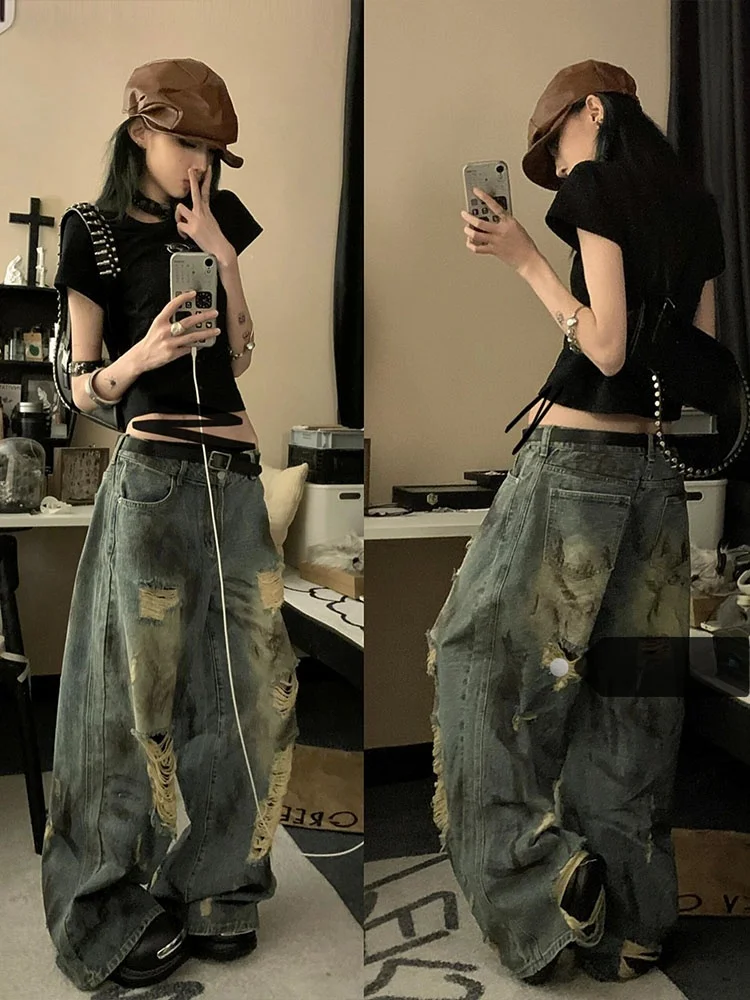

Large Size American Retro Apocalyptic Style Splashed Ink Hole Denim Jeans Women Summer New Washed Draping Straight Leg Floor-...