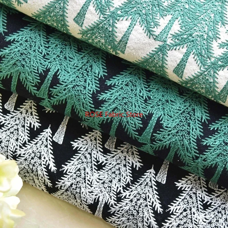 

3D Green pine tree pattern embroidery Black Bottom Cotton Linen Fabric for Pillows, cushions, sofa DIY fabrics
