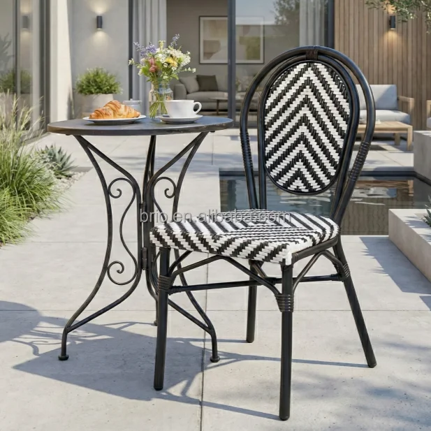 

*qFactory Direct Bistro Chair Black & White Woven PE Seat and Back Aluminum Frame for Indoor/Outdoor Use Set of One Wholesale