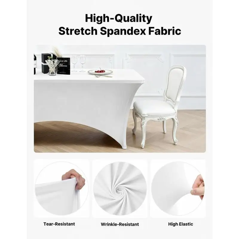 

6 Pack Table Cloth for 8FT Rectangular Fitted Events, Wrinkle-Resistant Stretch White Table Covers, Washable Spandex Tableclo