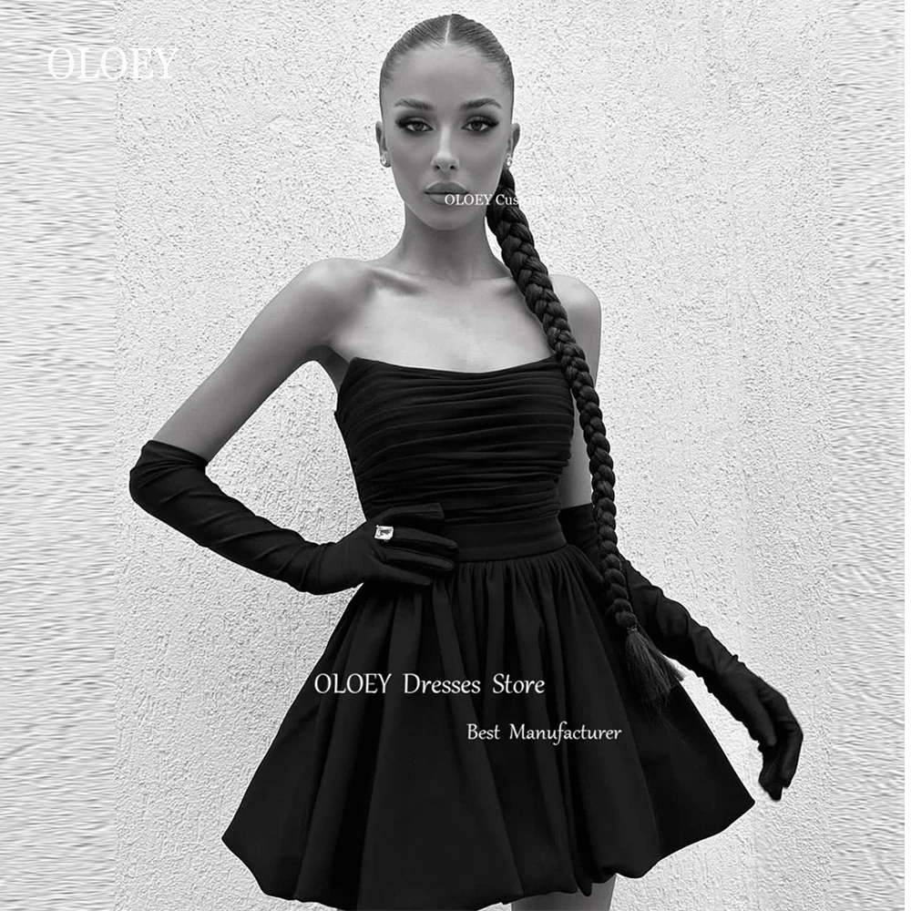 OLOEY Sexy Strapless Black Short Party Dresses Pleats Matte Satin Mini Prom Gowns Cocktail Formal Event Dress Night Club