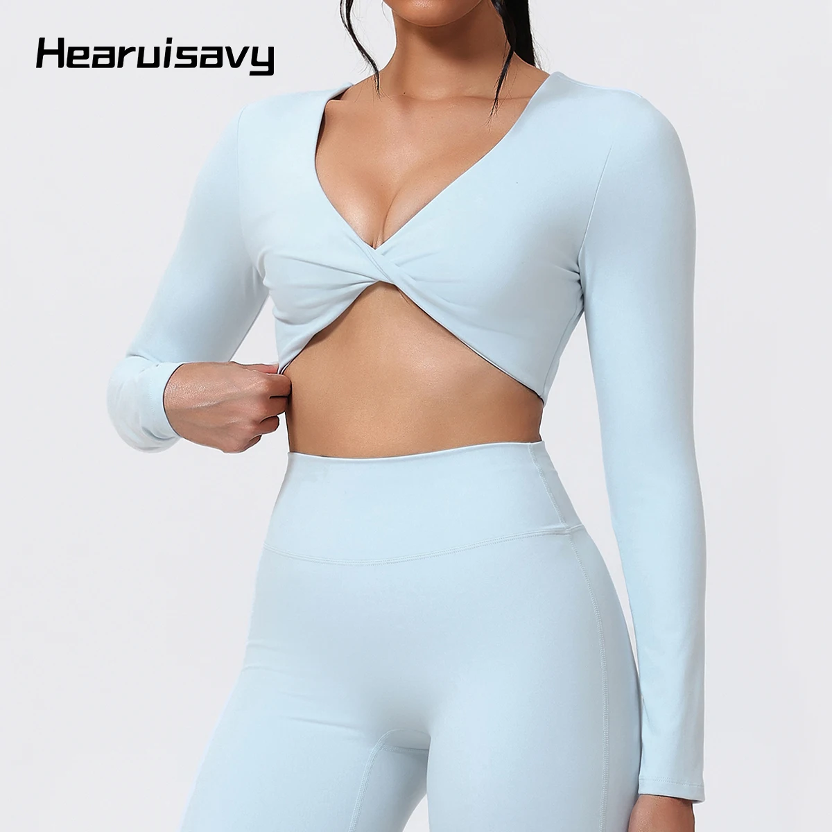 

Hearuisavy ECO Женский спортивный топ Одежда для пилатеса Укороченный топ с длинными рукавами и закрученным узлом Быстросохнущие топы для бега с эффектом пуш-ап для фитнеса и йоги
