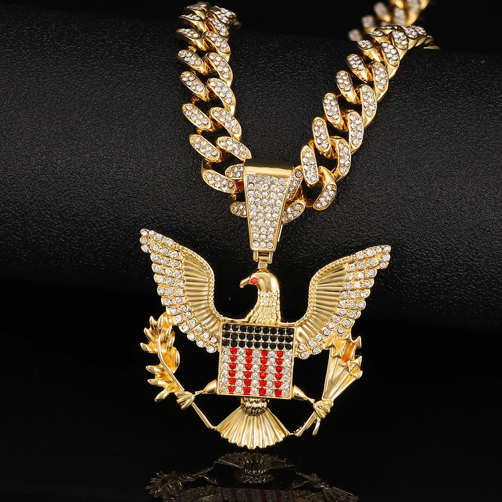 Bald Eagle badge necklace&Pendant Charm Animal Chain Necklace Gold color Iced Out Crystal Cuban chain Men Hip Hop Jewelry gift