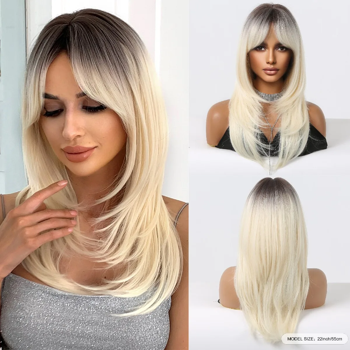 Long Platinum Blonde Brown Ombre Layered Synthetic Wigs With Bangs Beige Straight Hair Wig for Women Daily Cosplay HeatResistant