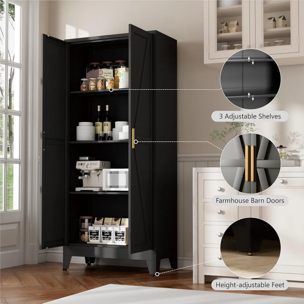 61 خزانة مخزن المطبخ، خزانة تخزين معدنية لبابين و3 أرفف قابلة للتعديل، خزائن خزانة مخزن معدنية f #6