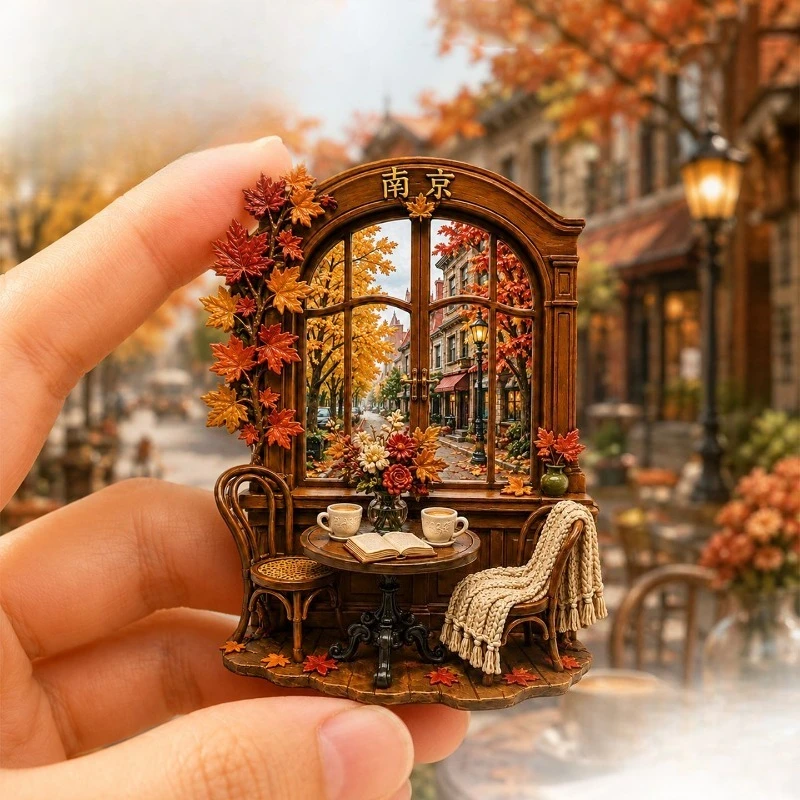 Nanjing Autumn Tea Seat Fridge Magnet - Cozy 3D Chinese Souvenir Unique Travel Gift for Tea Lovers & Rustic Decor