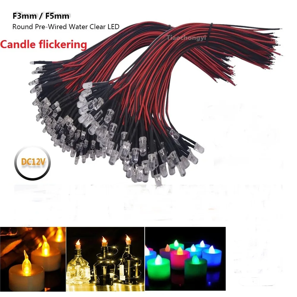 

20pcs 3mm 5mm Flickering 5-12V DC Pre-Wired Water Clear Candle Led Orange Red Yellow Blue Green White Flicker Light Lamp Bulb