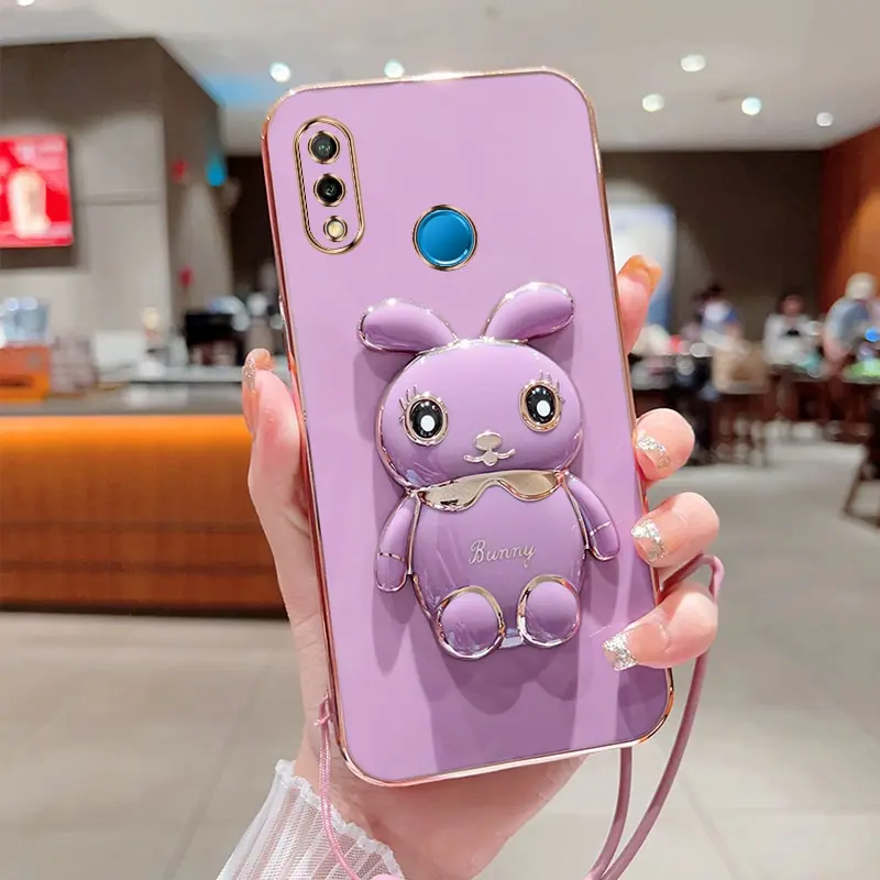 Phone Case For Huawei P20 Lite Nova 3E Luxury Plating Square Rabbit Holder With Landyard Phone Case Cover