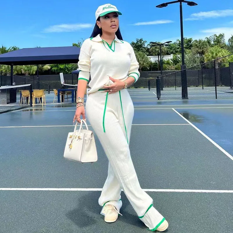 

Doyerl вязаный повседневный спортивный костюм, женский комплект из двух предметов, спортивная одежда, полосатый свитер, топ и широкие брюки, костюм для бега Femme