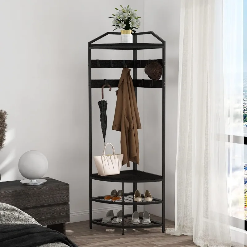 Modern Black Entryway Corner Hall Tree with Shoe Bench Entryway Coat Rack with 10 Metal Movable Hooks Wooden Clothes