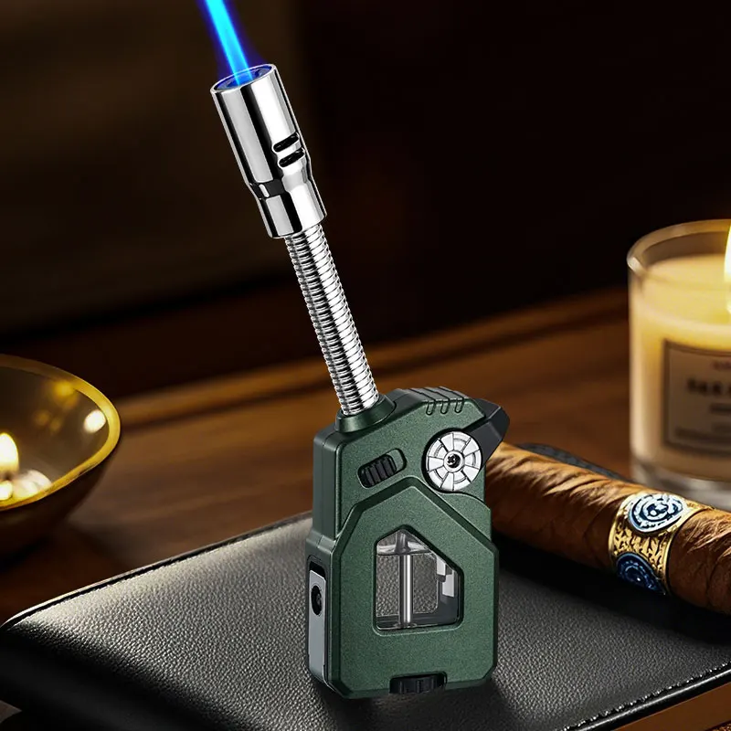 

Creative Curved Hose Cigarette Lighter Windproof Blue Flame Hidden Cigar Cutter Continuous Ignition Transparent Chamber