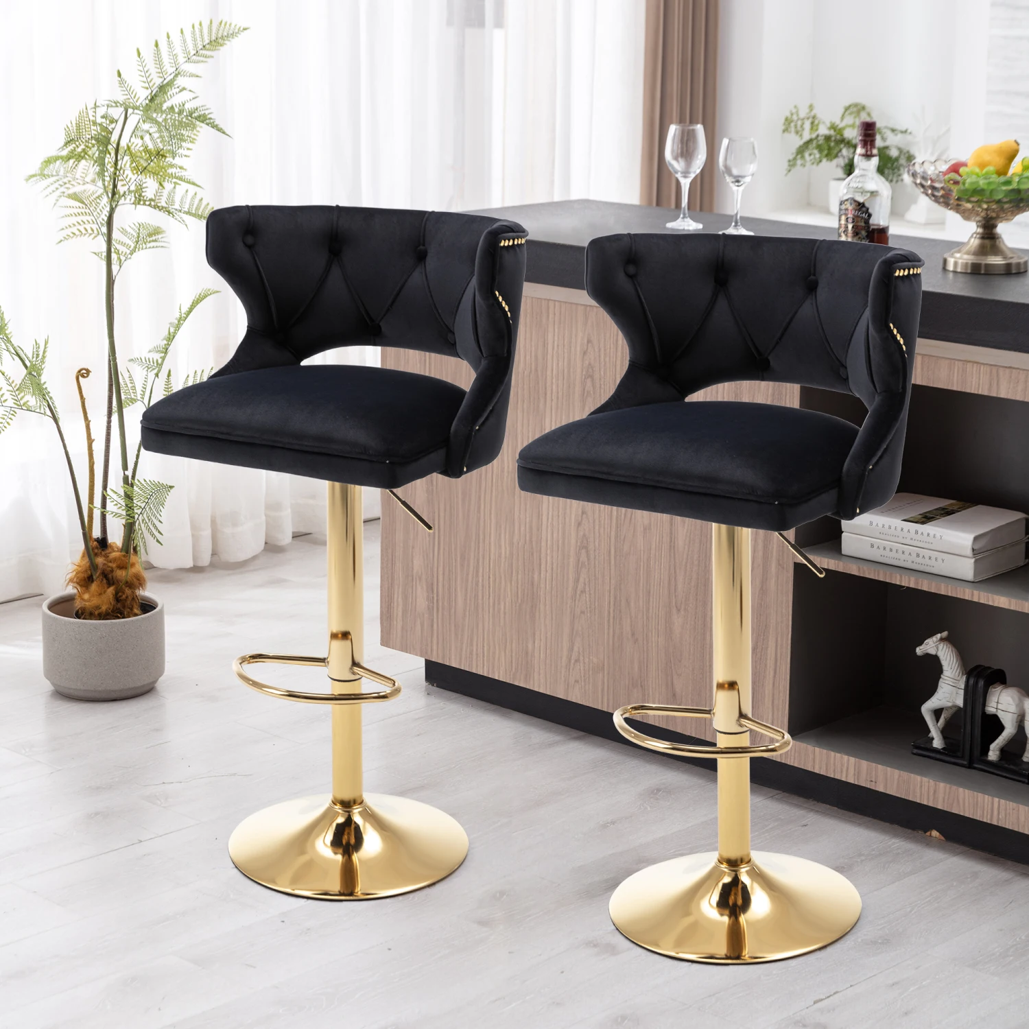 

Bar Stools With Back and Footrest Counter Height Dining Chairs-Velvet Black-2PCS/SET