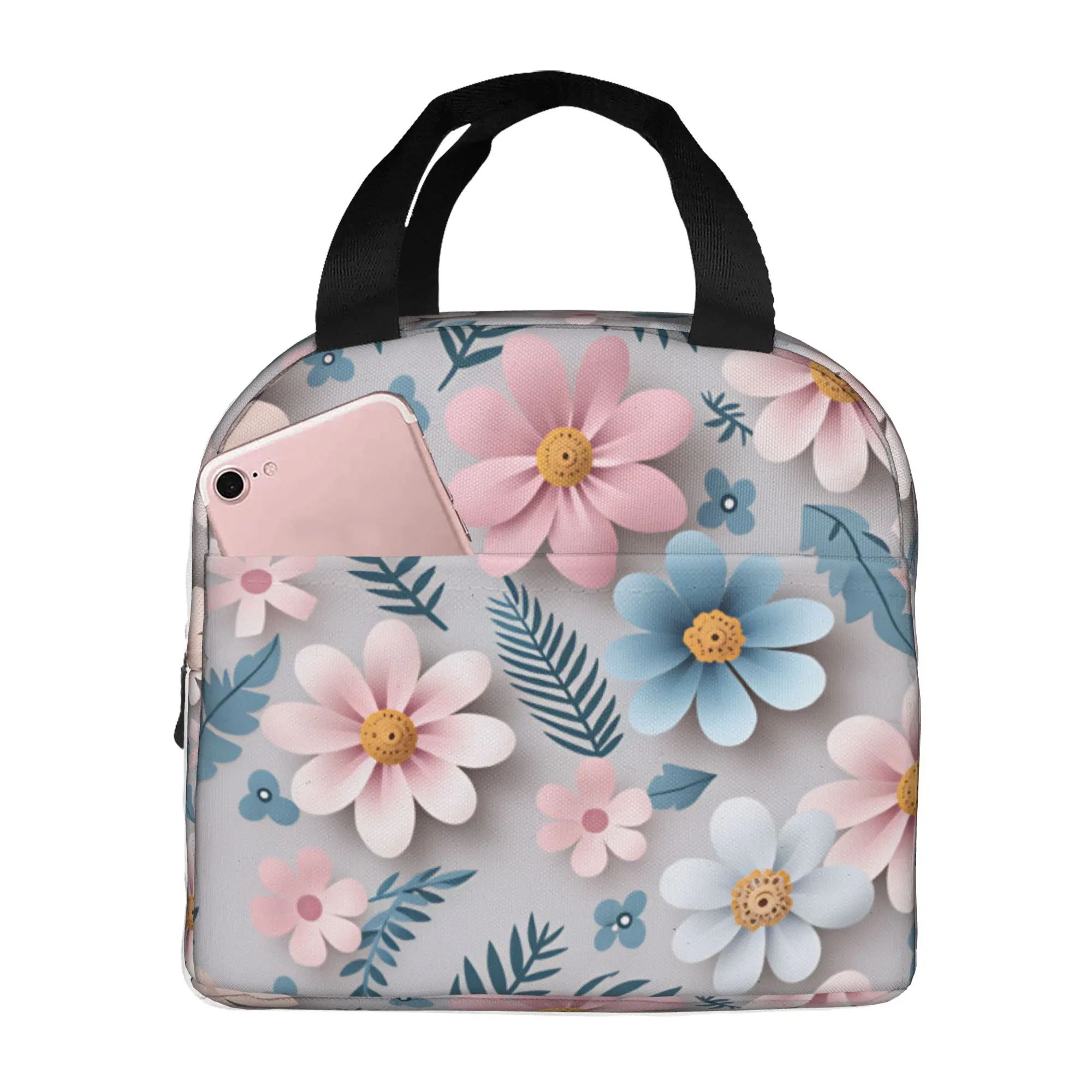 Fashion Trend 3D Flowers Insulated Lunch Tote Bag for Women Luxury High 3D Floral Portable Cooler Thermal Bento Box Camping
