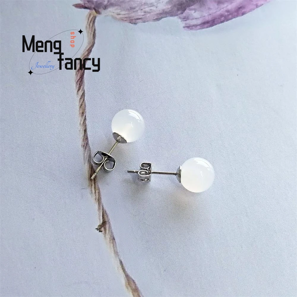 Natural Agate Chalcedony Round Earring 925 Silver Designer Fashion Elegant Sexy Young Girls Jewelry Luxury Couple Holiday Gifts