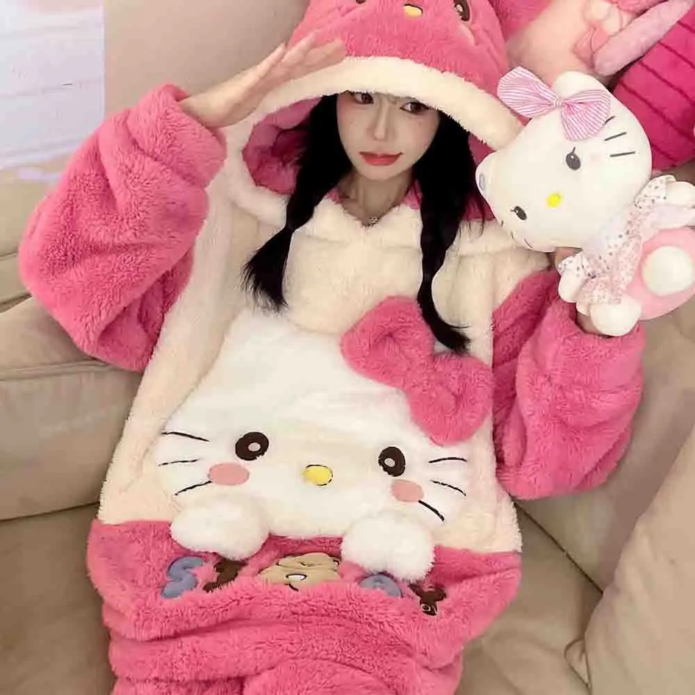 Hello Kitties Kuromi Women's Cartoon Long Sleeve Warm Coral Velvet Pajama Girl Cute and Comfortable Warm Home Clothing Set Gift