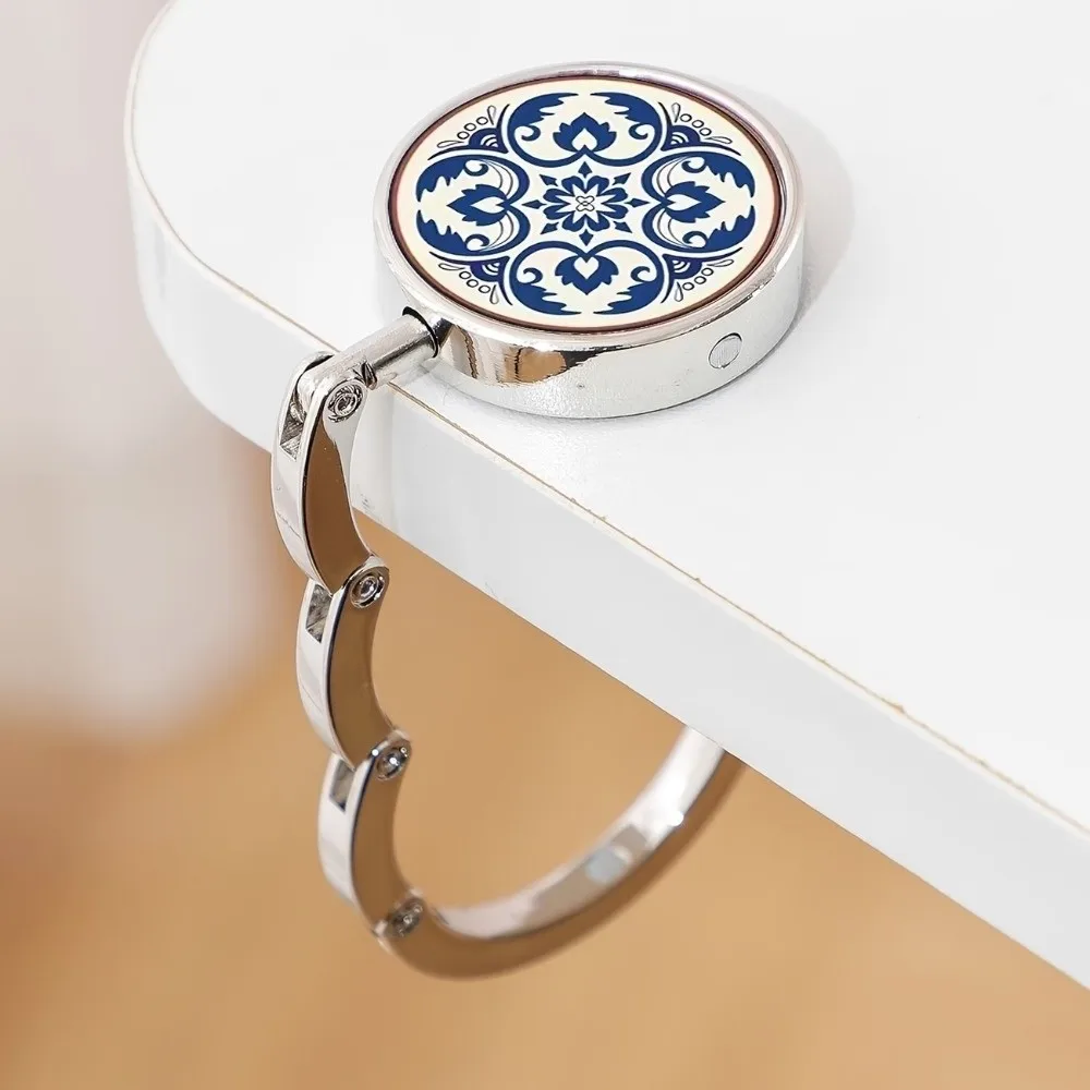 Folding Desktop Stand Hook Circular Blue and White Porcelain Design Table Edge Hook Zinc Alloy Hanging Tote Holder
