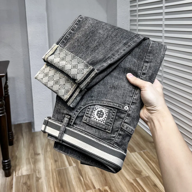 2024 spring and summer light luxury high-end new MEN'S jeans fashion straight slim tide printed leisure cotton denim pants