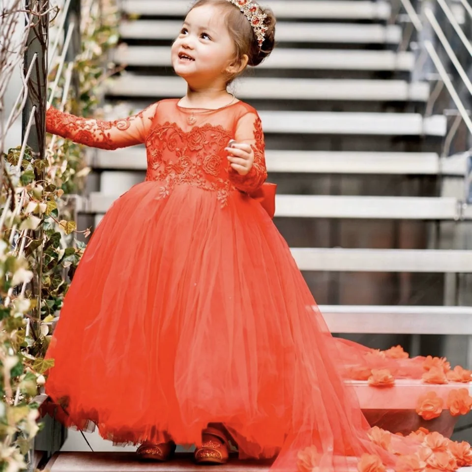 Child 2-14 Years Lace Tulle Flower Girls Dress Princess For Kid Custom Color Red Child Wedding Party  Maxi Ball Gown Evening