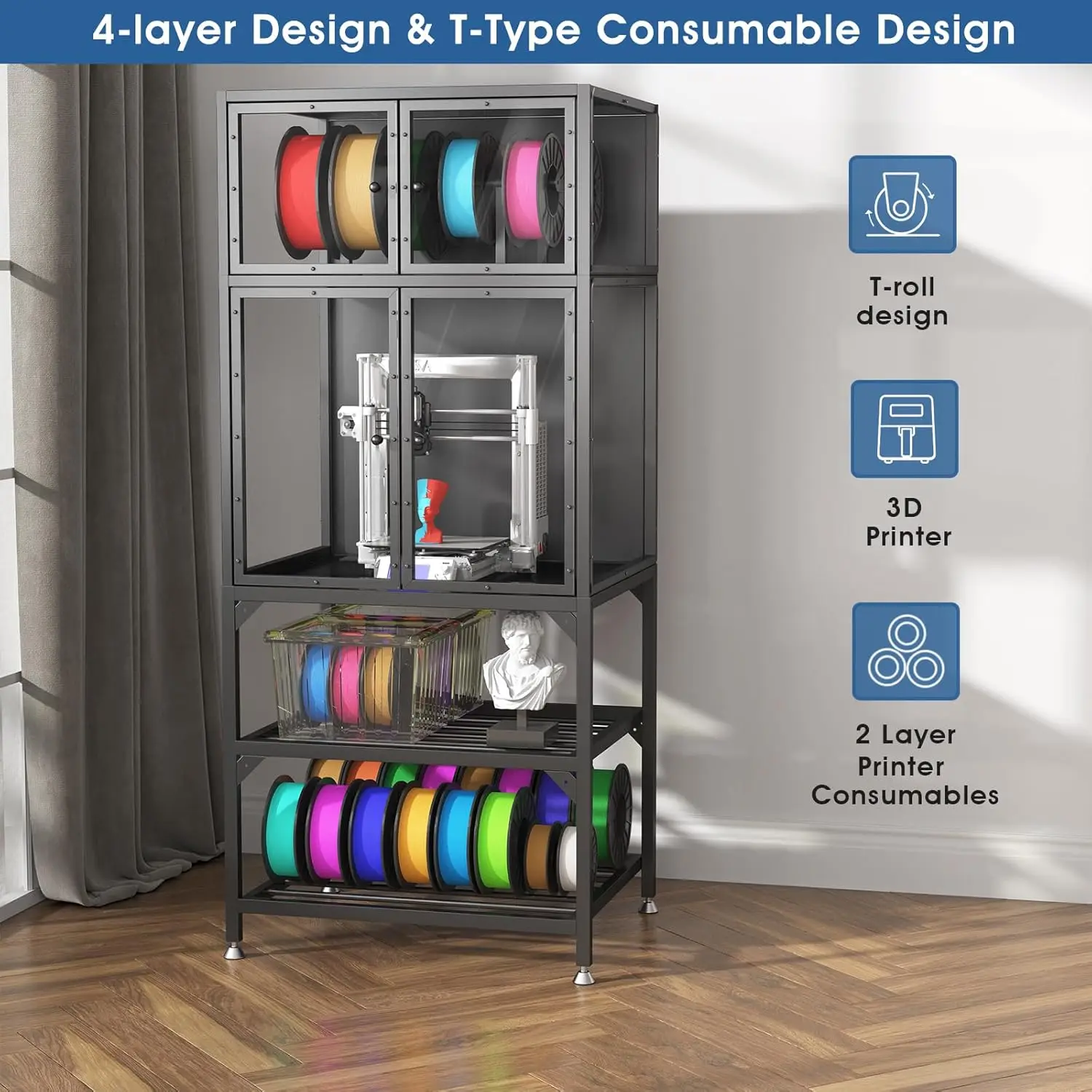 خزانة طابعة ثلاثية الأبعاد مع رف تخزين خيوط طابعة ثلاثية الأبعاد بطبقة مزدوجة، وقضيب خيوط على شكل حرف T وتصميم مقاوم للغبار وتقليل الضوضاء #4