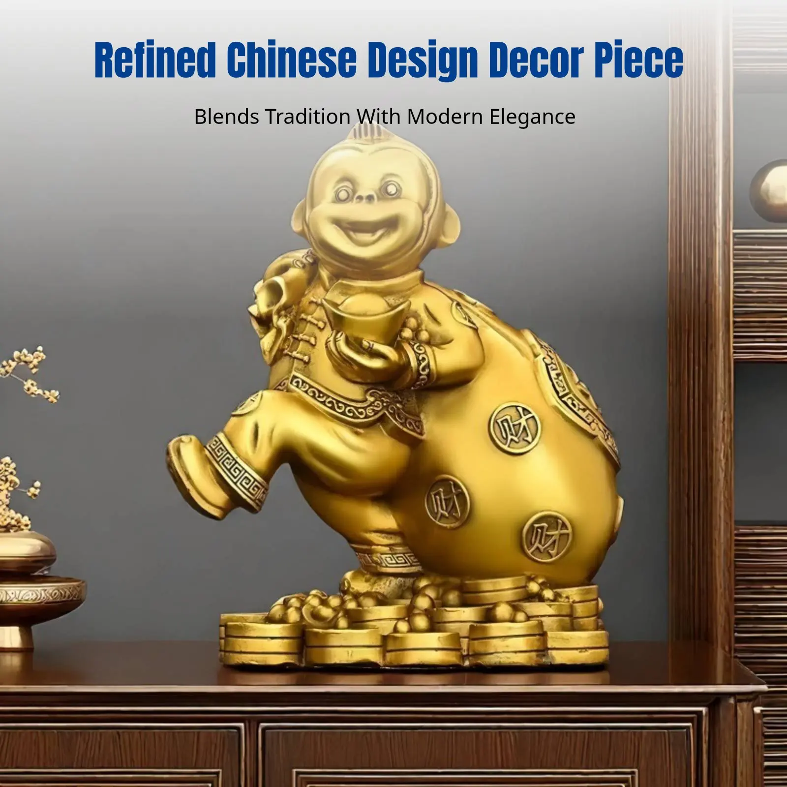 フォーチュンマネーバッグモンキーフィギュア、干支モンキーレジン工芸品、風水デスクトップ装飾、中国風の祝福ギフト